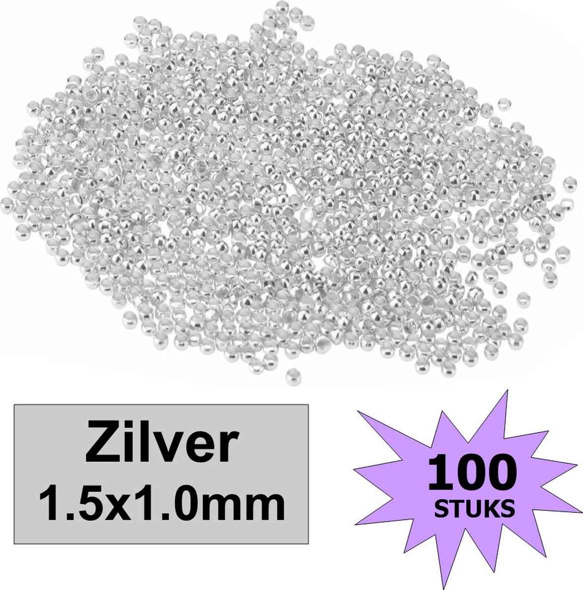   - Knijpkralen - Knijp Kralen - Crimp Beads - Metaal - 1.5x1mm - 100 Stuks - Zilverkleurig