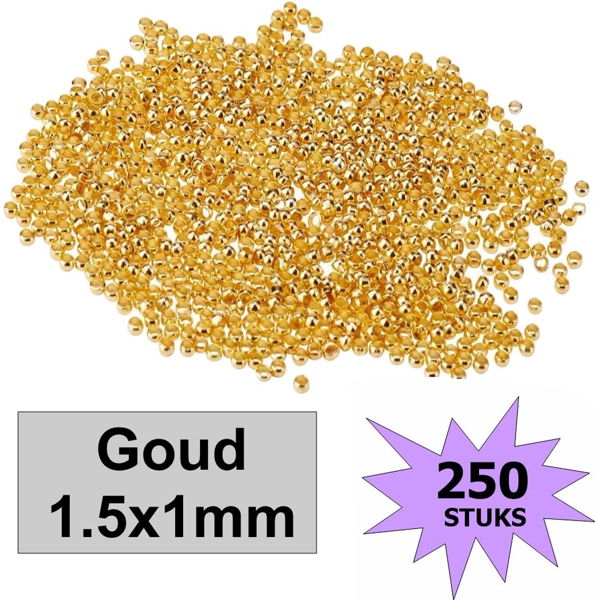   - Knijpkralen - Knijp Kralen - Crimp Beads - Metaal - 1.5x1mm - 250 Stuks - Goudkleurig