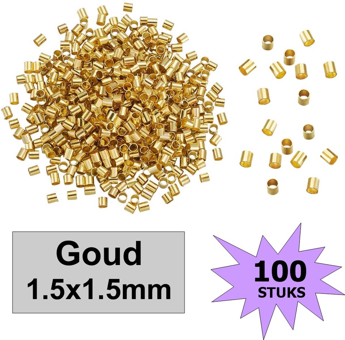 Fako Bijoux® - Knijpkralen - Knijp Kralen - Crimp Beads - Metaal - Tube - 1.5x1.5mm - 100 Stuks - Goudkleurig