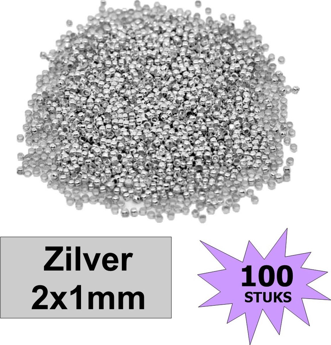 Fako Bijoux® - Knijpkralen - Knijp Kralen - Metaal - 2x1mm - 100 Stuks - Zilverkleurig