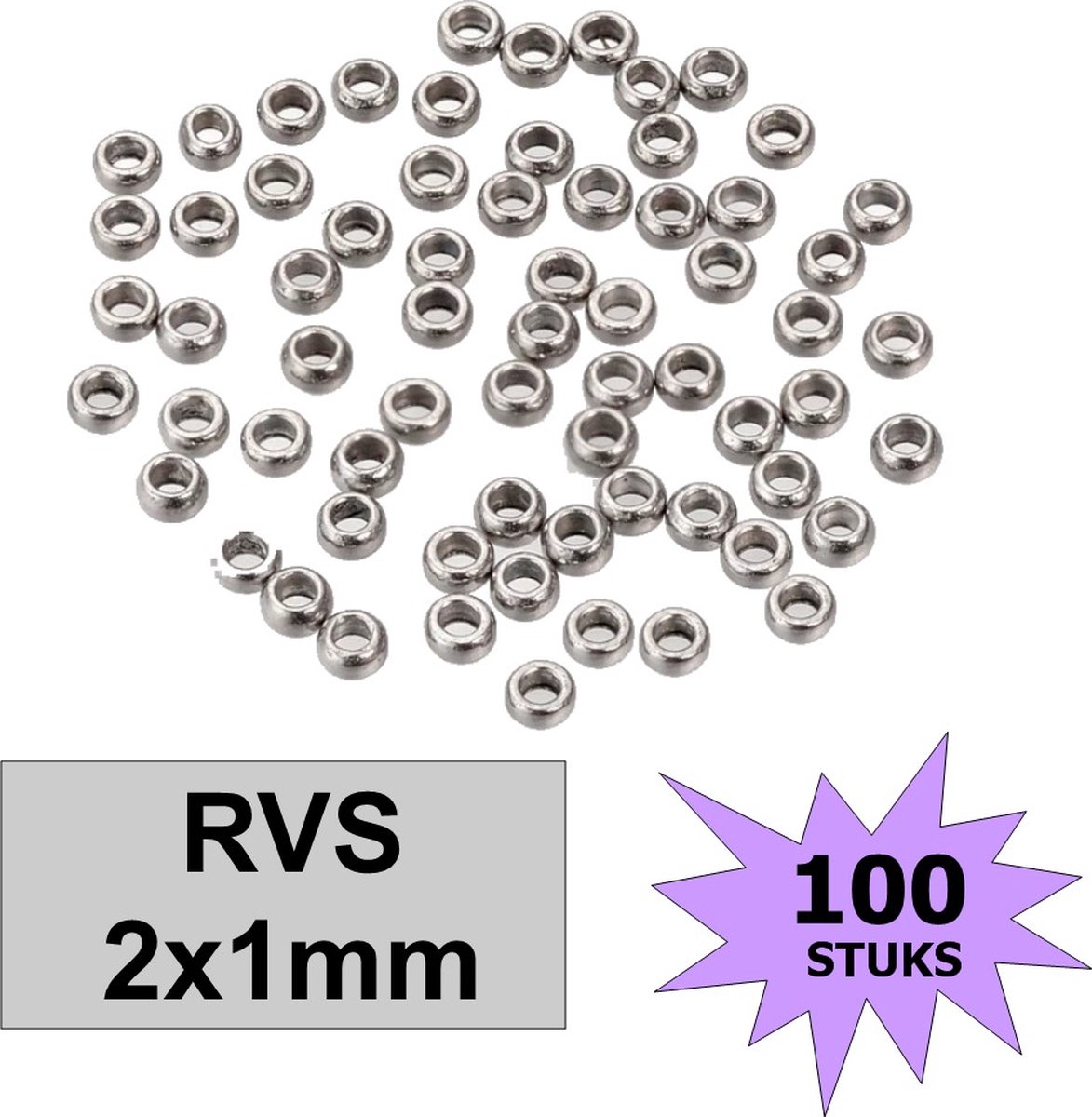 Fako Bijoux® - Knijpkralen - Knijp Kralen - RVS - Stainless Steel - 2x1mm - 100 Stuks - Zilverkleurig