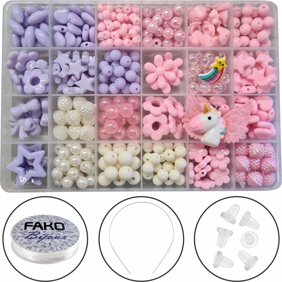 Fako Bijoux® - Kralen Set Pastel - Acryl - Sieraden Maken - Box - 400 Stuks - Paars/Wit/Roze