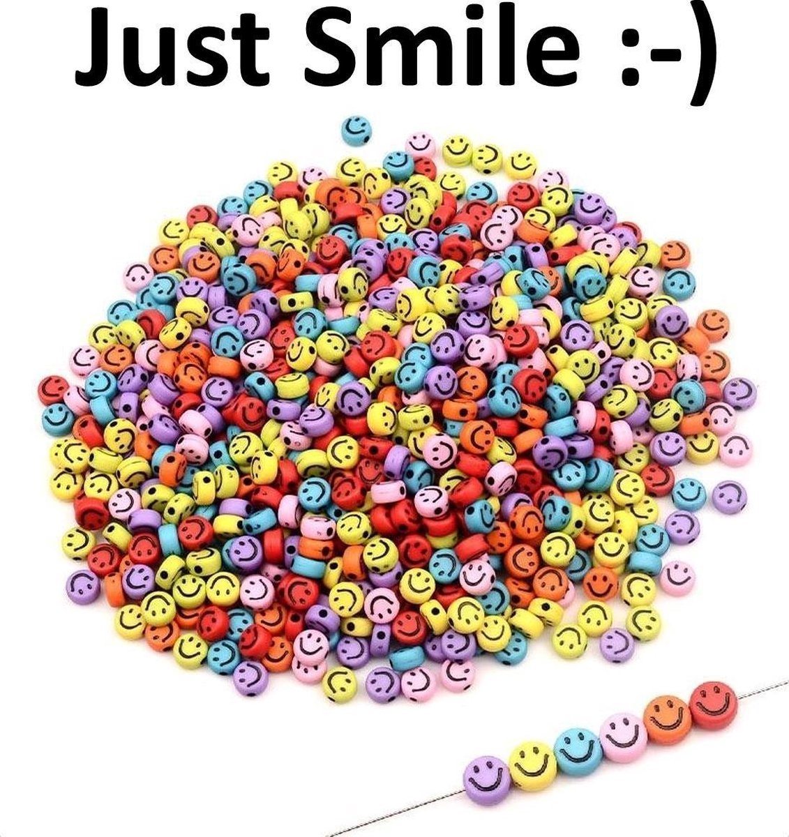 Fako Bijoux® - Smiley Kralen 100 Stuks - Emoji Kralen - 7mm - Regenboog Kleuren - Kunststof - Mix - 100 Stuks - Inclusief Elastisch Koord