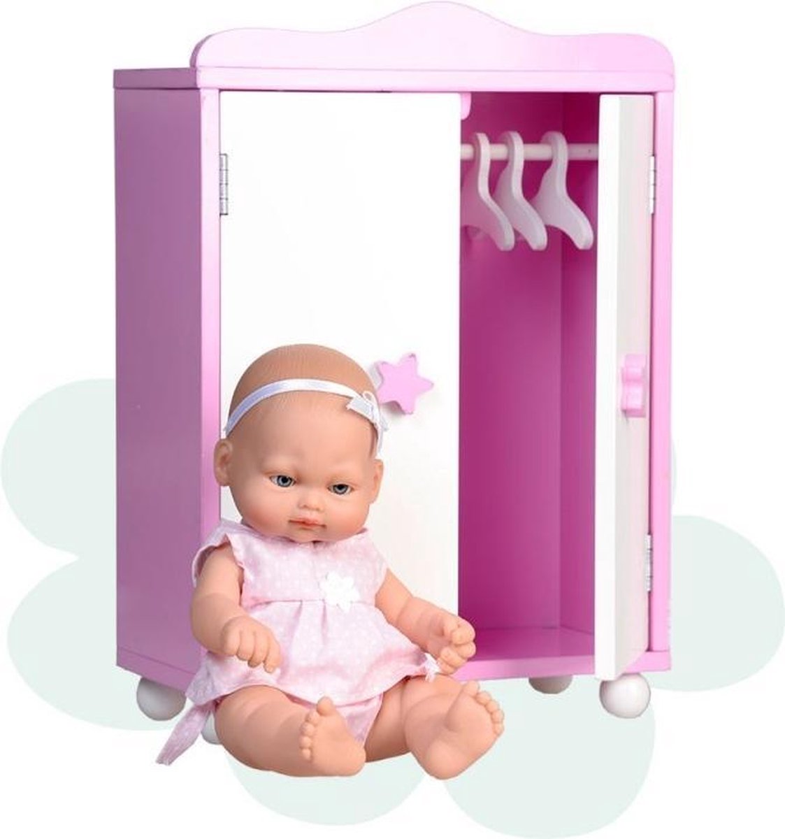 Falca Babypop Mini Baby Met Houten Kledingkast 28 Cm Roze