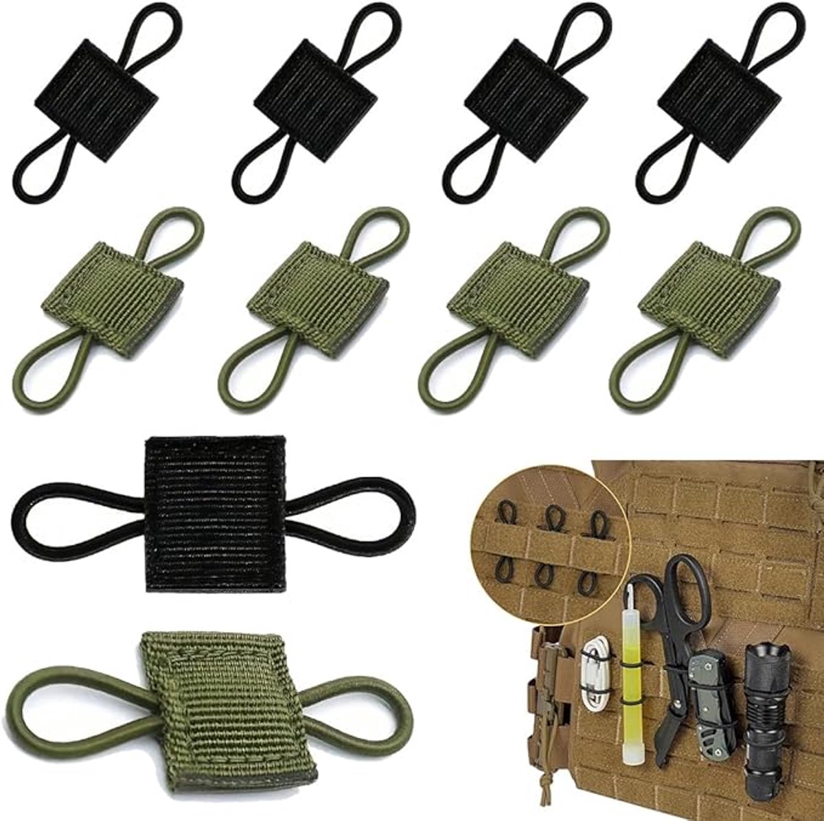   – Set van 10 Molle-tactische bevestigingsbanden, accessoires voor rugzak of tactisch vest, inclusief verenclips, 5 zwart en 5 legergroen