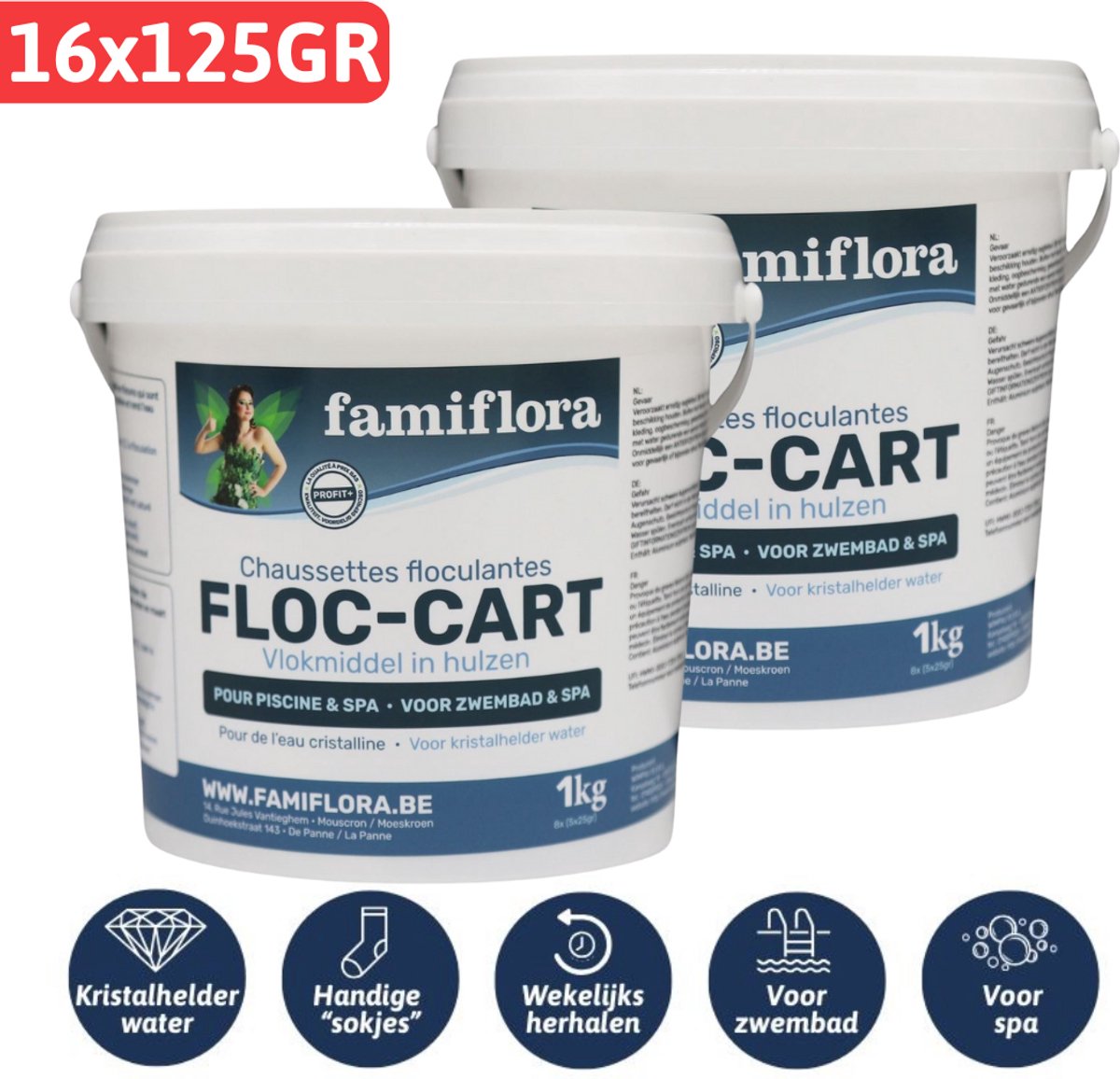   Floc-Cart vlokmiddel kousjes 2KG - 16 kousjes (2 emmers van 1KG) - Geschikt voor zwembad en spa