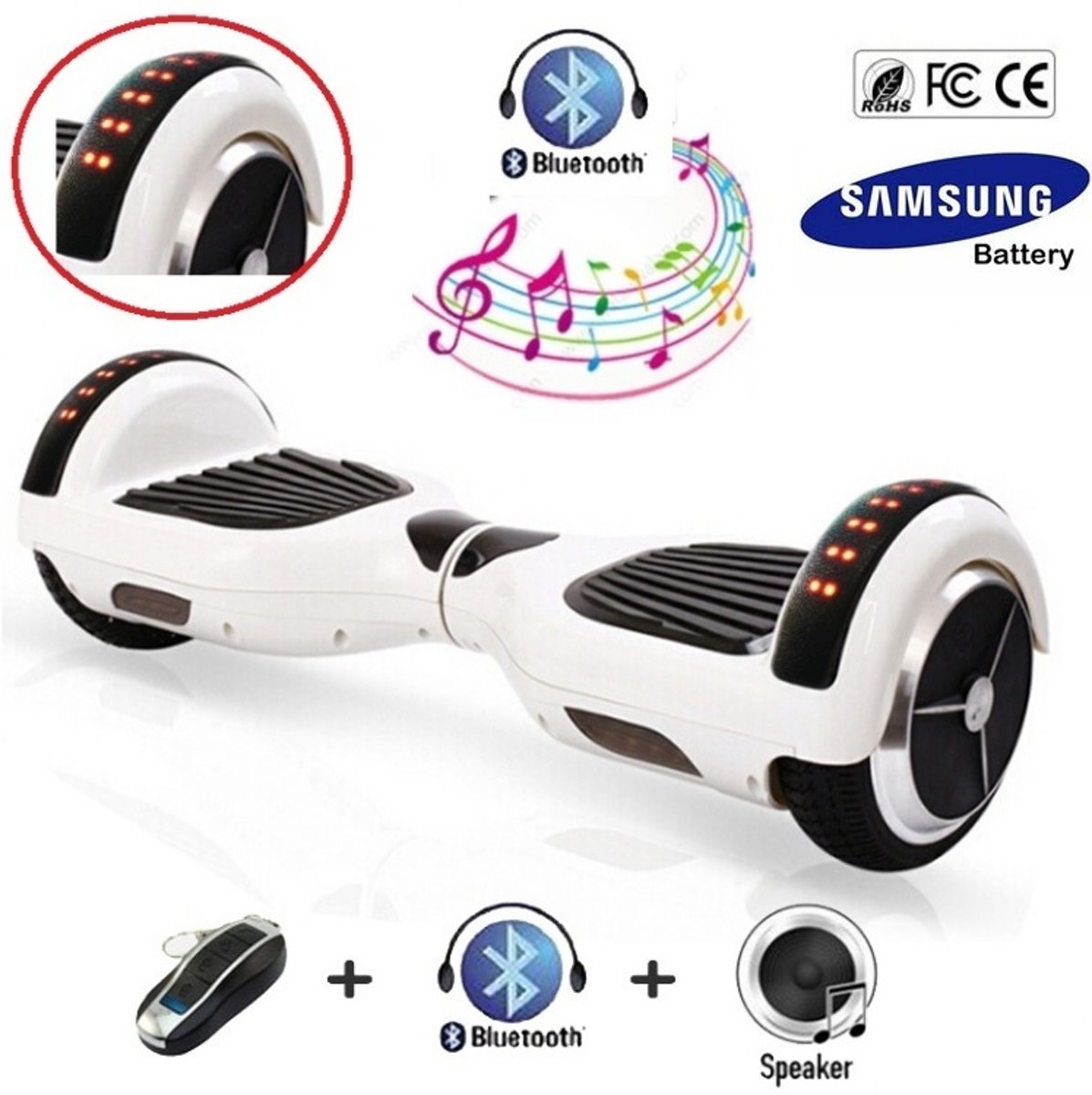 Hoverboard 6.5 Inch, Wit, Samsung accu, Bluetooth, full body LED-verlichting en met TAOTAO moederbord, 700W motoren