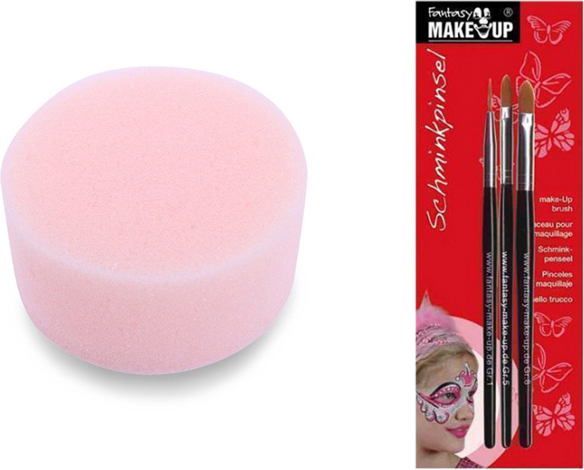 Fantasy Make Up Schmink penselen 3x en sponsje - schminkset - voor kinderen en volwassenen