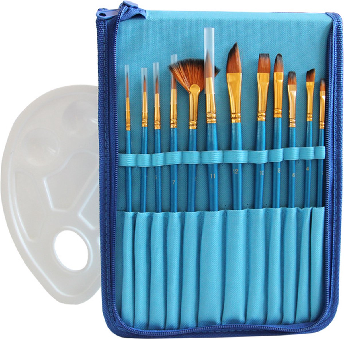 Faseras Penselen Set voor Schilderen Acrylverf/Olieverf - Penselenset - Incl. Etui - Incl. Palet - 13 Penselen - Blauw