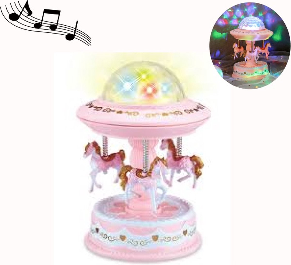 Kinderlamp – Baby Peuter Nachtlamp - LED Carrousel Draaimolen met Licht & Projectie op de Muur en Plafond -Muziekdoos Muzikaal Speelgoed voor Kinderen - Projector