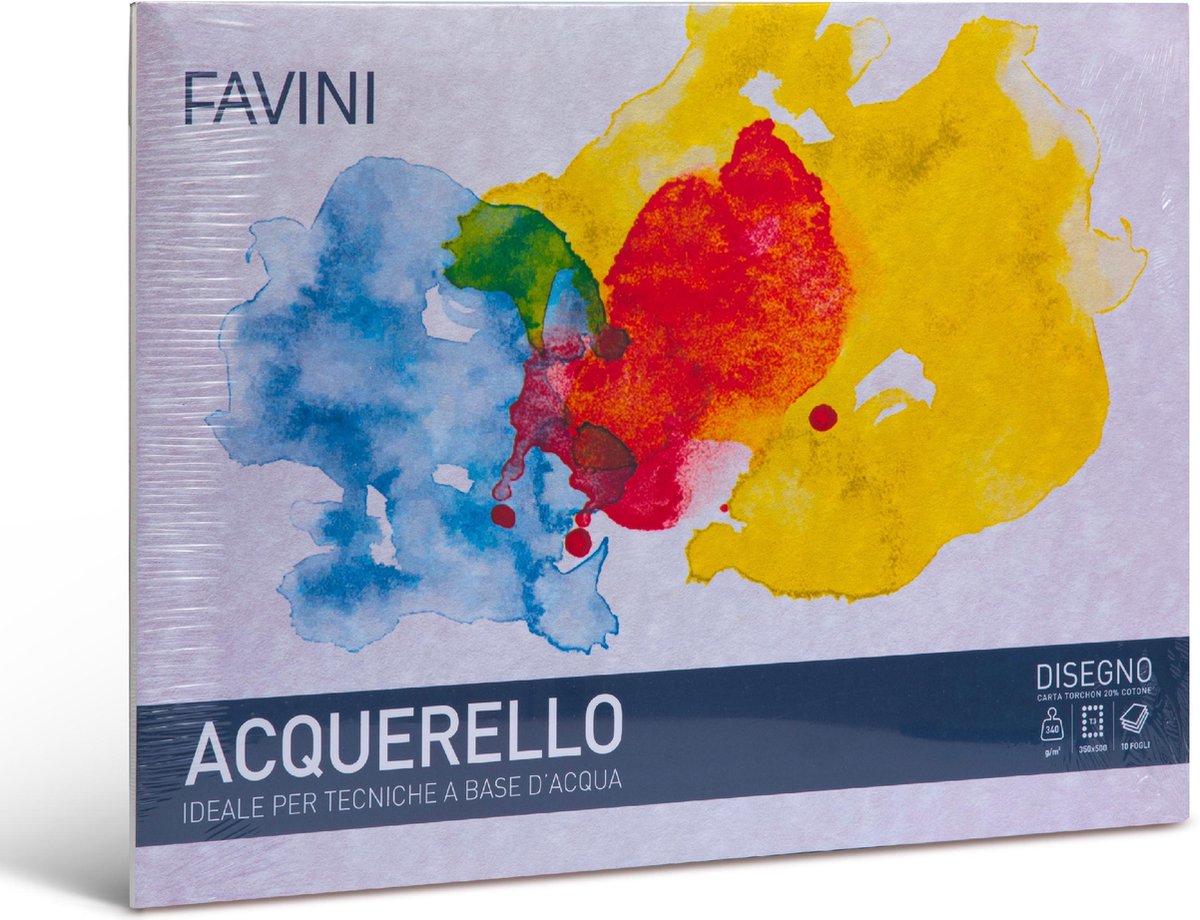 Aquarel papier 20 % katoen DISEGNO torchon 340 g/m2 350 x 500 mm (B3) wit 10 vel FAVINI made in Italy