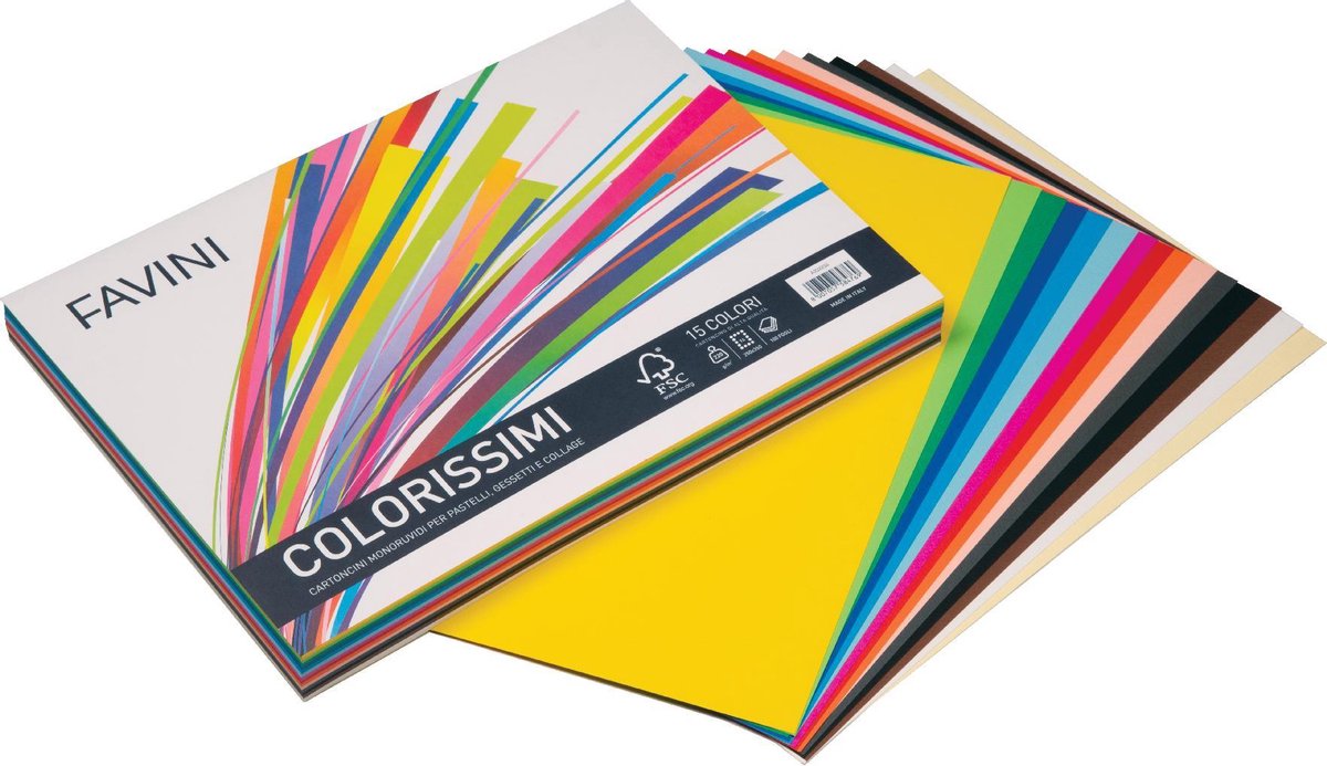 COLORISSIMI 100 vel viltmarkering grof papier 250 x 350 mm 220 g/m2 Pastels & Collage 15 kleuren ± 7 vel/kleur FAVINI Made in Italy