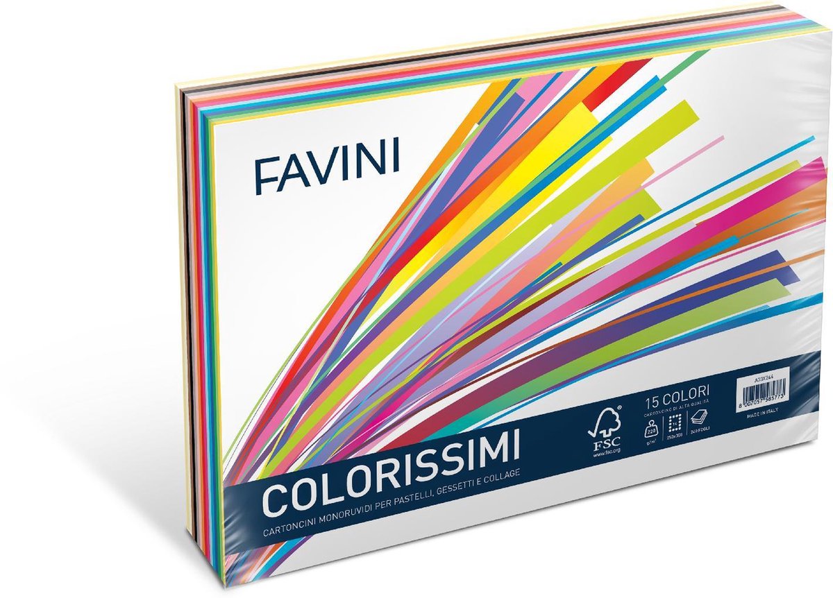 FAVINI COLORISSIMI 240 vel 250 x 350 mm 220 g/m2 Pastels & Collage 12 kleuren 20 vel/kleur FAVINI Made in Italy