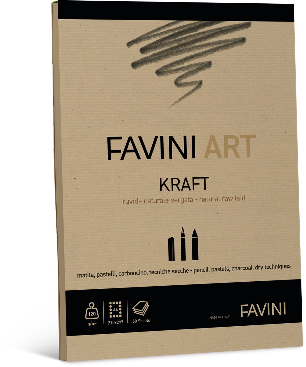 Favini® Art Kraft Blok – 50 Vellen A4 – 120 g/m² – Bruin Gevergeerd Ruw Papier – Voor Potlood, Houtskool, Oliepastel & Droge Technieken – Ideaal voor Schets & Studie – Made in Italy