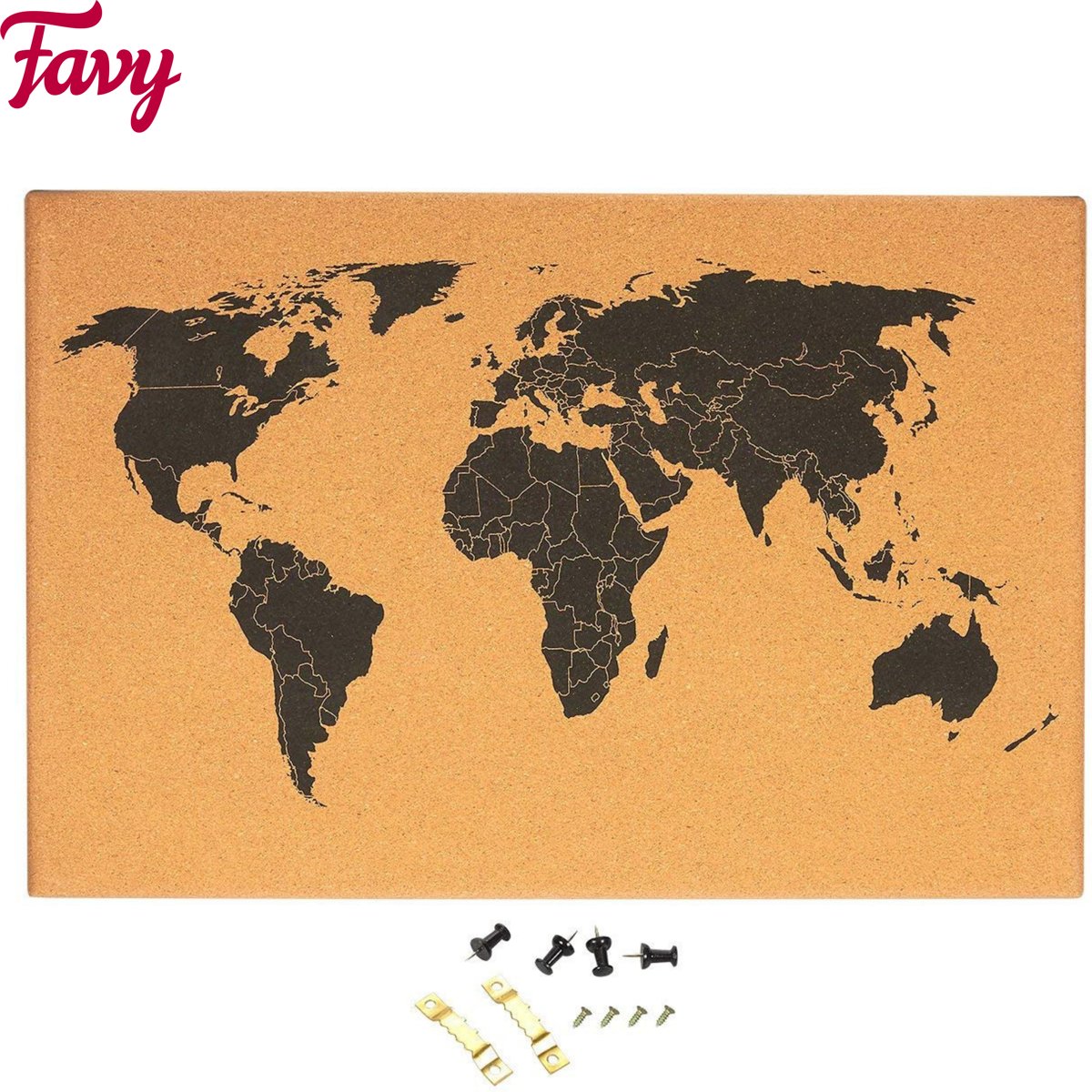 FAVY® - Wereldkaart Kurk Bord - Wereldmap Kurkbord - World Map Cork - Cork Worldmap - Inclusief 6 pinnen - 60 x 40 x 2 cm