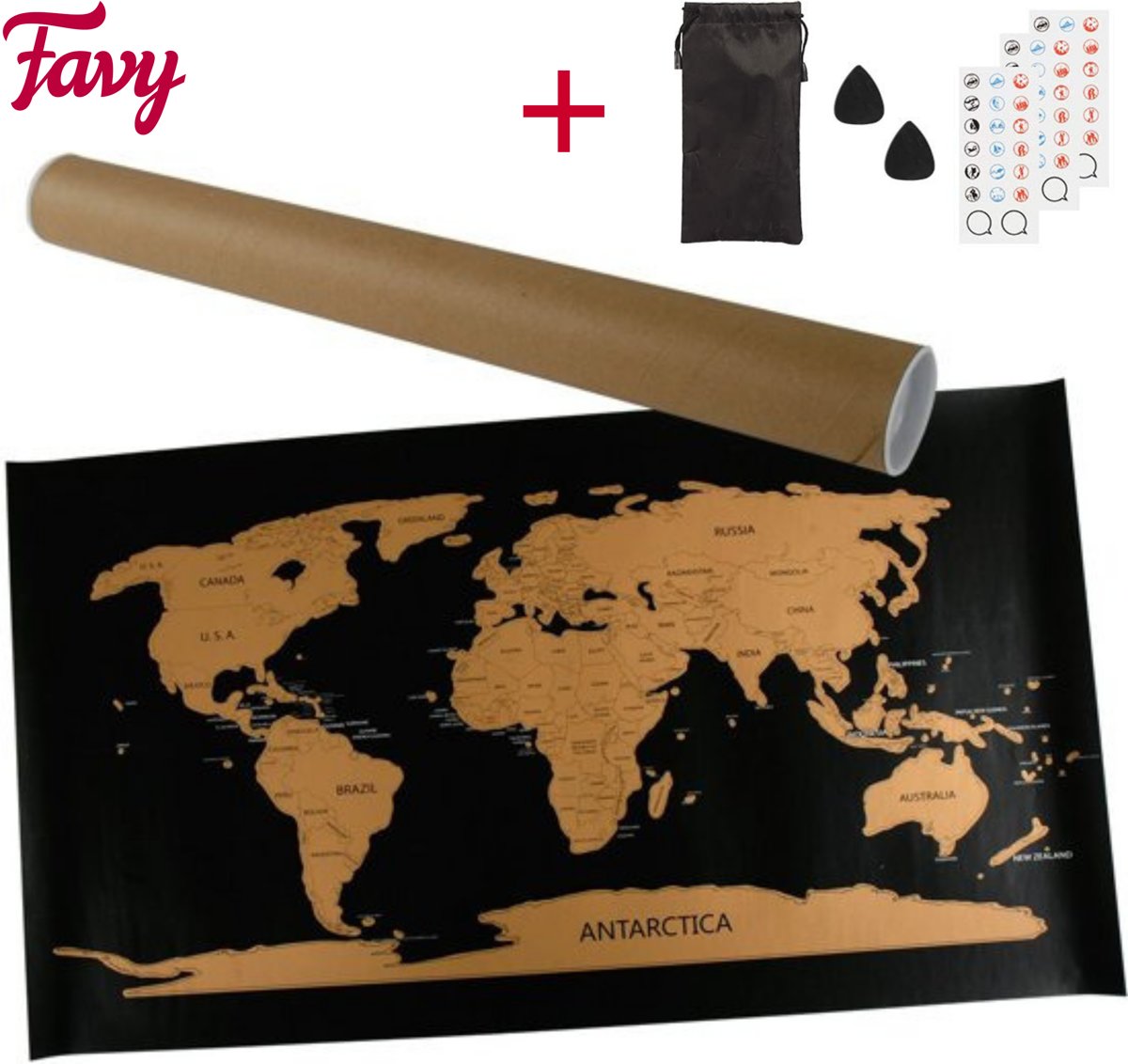 Favy® - Classic Wereldkaart Kras Inclusief Etui met Scratch Tool en Stickers – 80 x 45 cm - Deluxe Zwarte Wereld Kraskaart met Premium Gouden Kraslaag - World Scratch Map Poster – Travel Map – Reiskaart – Woon Decoratie