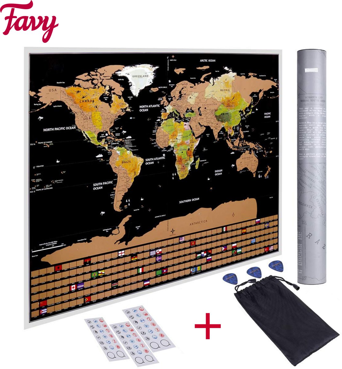 Favy® - Deluxe Wereldkaart Kras Vlaggen Editie – Inclusief Etui met Scratch Tool en Stickers – 83 x 60 cm - Deluxe World Scratch Map Flag Edition – Wereld Kraskaart met 195 Vlaggen – Premium Gouden Kraslaag - Woon Decoratie Poster