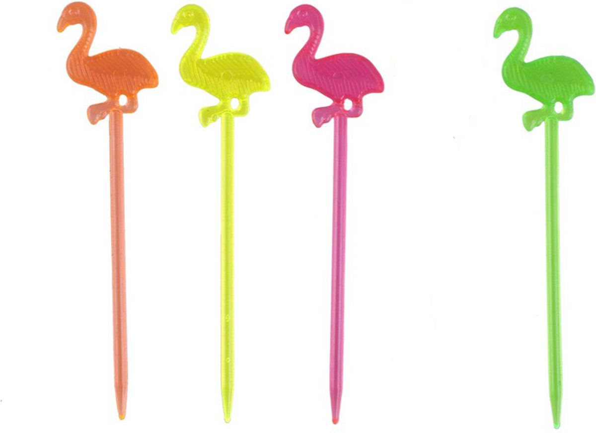 Cocktail prikkers flamingo 12 stuks 8 cm hoog groen geel oranje roze