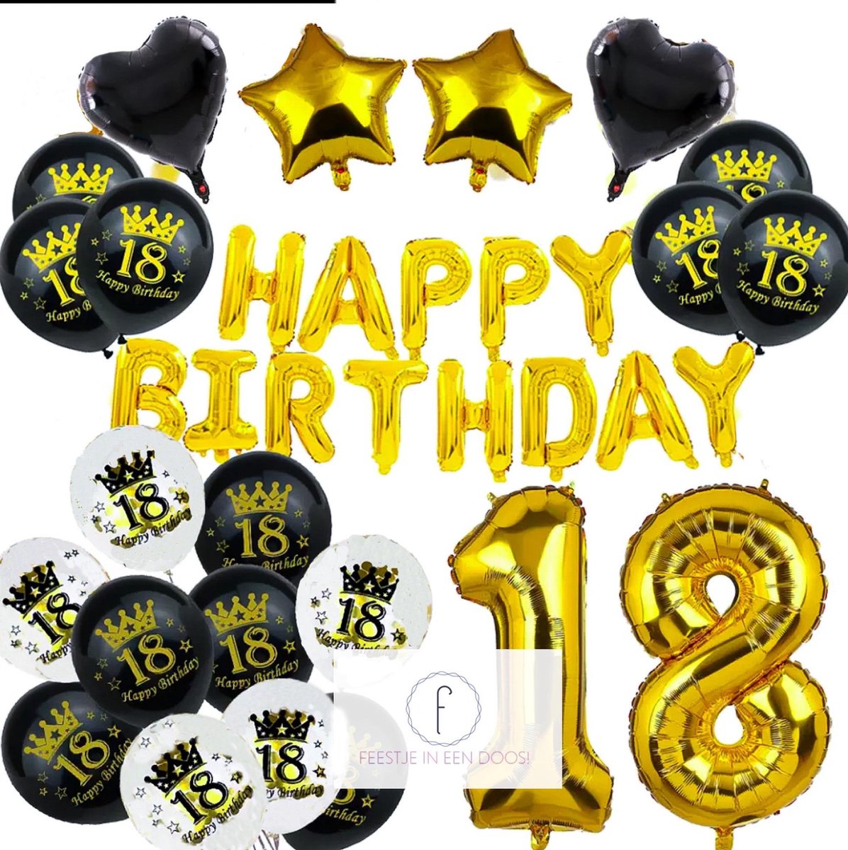 18 jaar goud zwart verjaardag thema - kroonjaar versiering - decoratie pakket folie ballon helium - feest party birthday themafeest - mijlpaal speciale verjaardag black gold metallic -