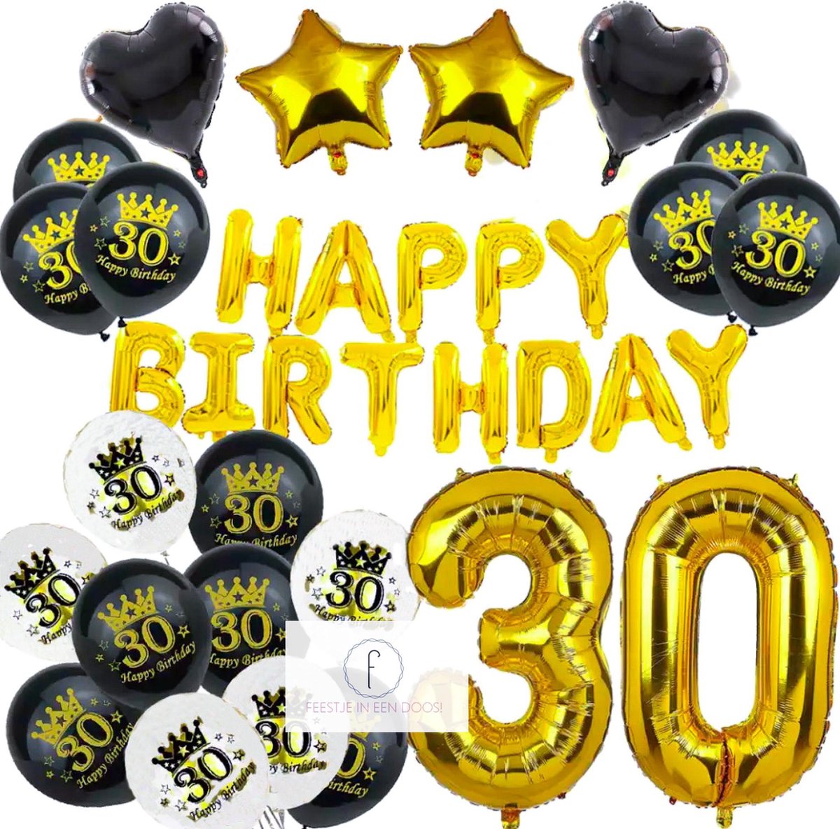 30 jaar goud zwart verjaardag thema - kroonjaar versiering - decoratie pakket folie ballon helium - feest party birthday themafeest - mijlpaal speciale verjaardag - black gold metallic