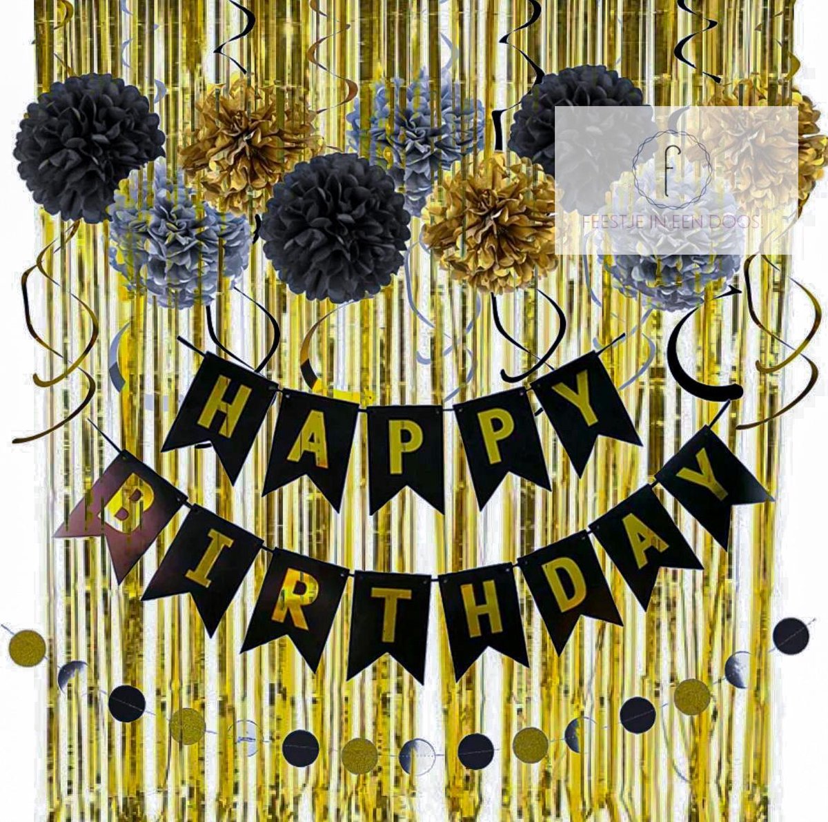 Black and Gold Happy birthday decoratie pakket - feest versiering - zwart goud zilver - thema verjaardag - compleet pakket - Feestje in een doos - Sweet 16 - 18 jaar - glamour - party - 30 jaar - 40 jaar - 20 jaar - 25 jaar - 50 jaar