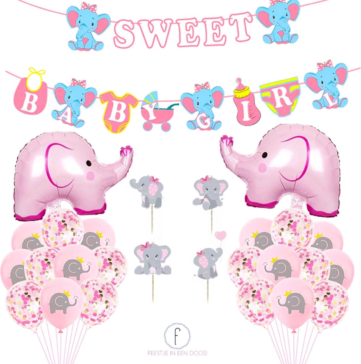 Girl Olifantjes thema – Meisje geboren - it’s a Girl - baby Pink - cute elephants - versier decoratiepakket - geboorte babyshower - baby geboorte roze - complete versiering