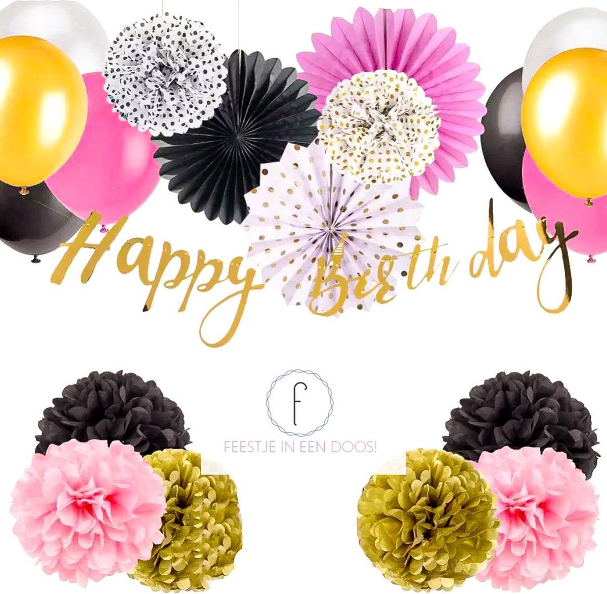 Happy birthday decoratie pakket - feest versiering - black gold pink - zwart goud roze - thema verjaardag - compleet pakket - Feestje in een doos - meisje jongen - kinderfeest - party