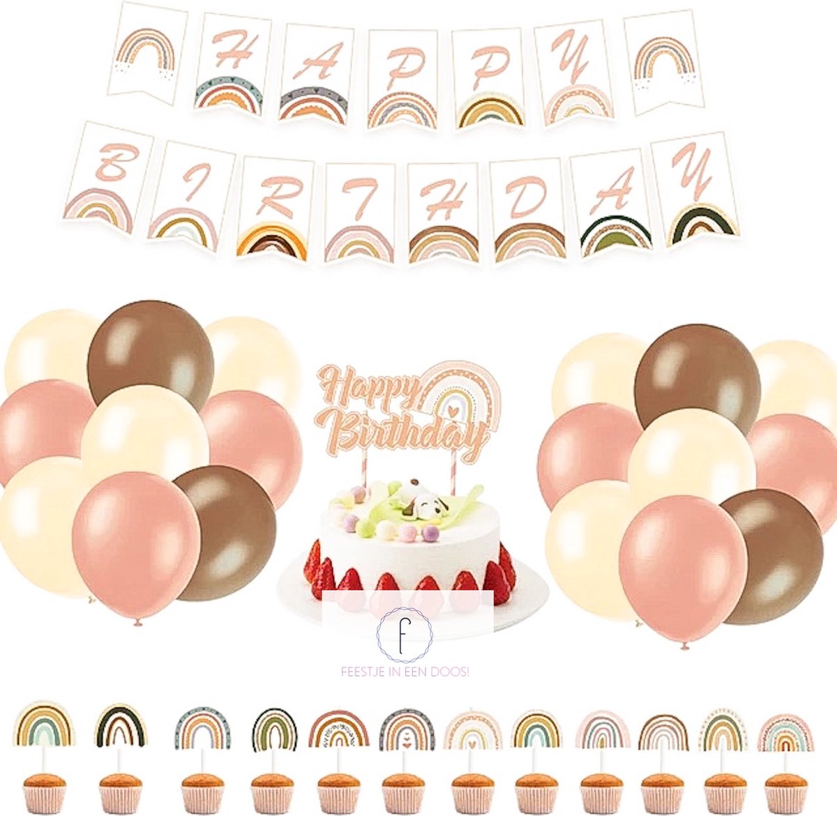 Pastel regenboog - bohemian roze creme - cakesmash 1 jaar verjaardag thema decoratie feestpakket