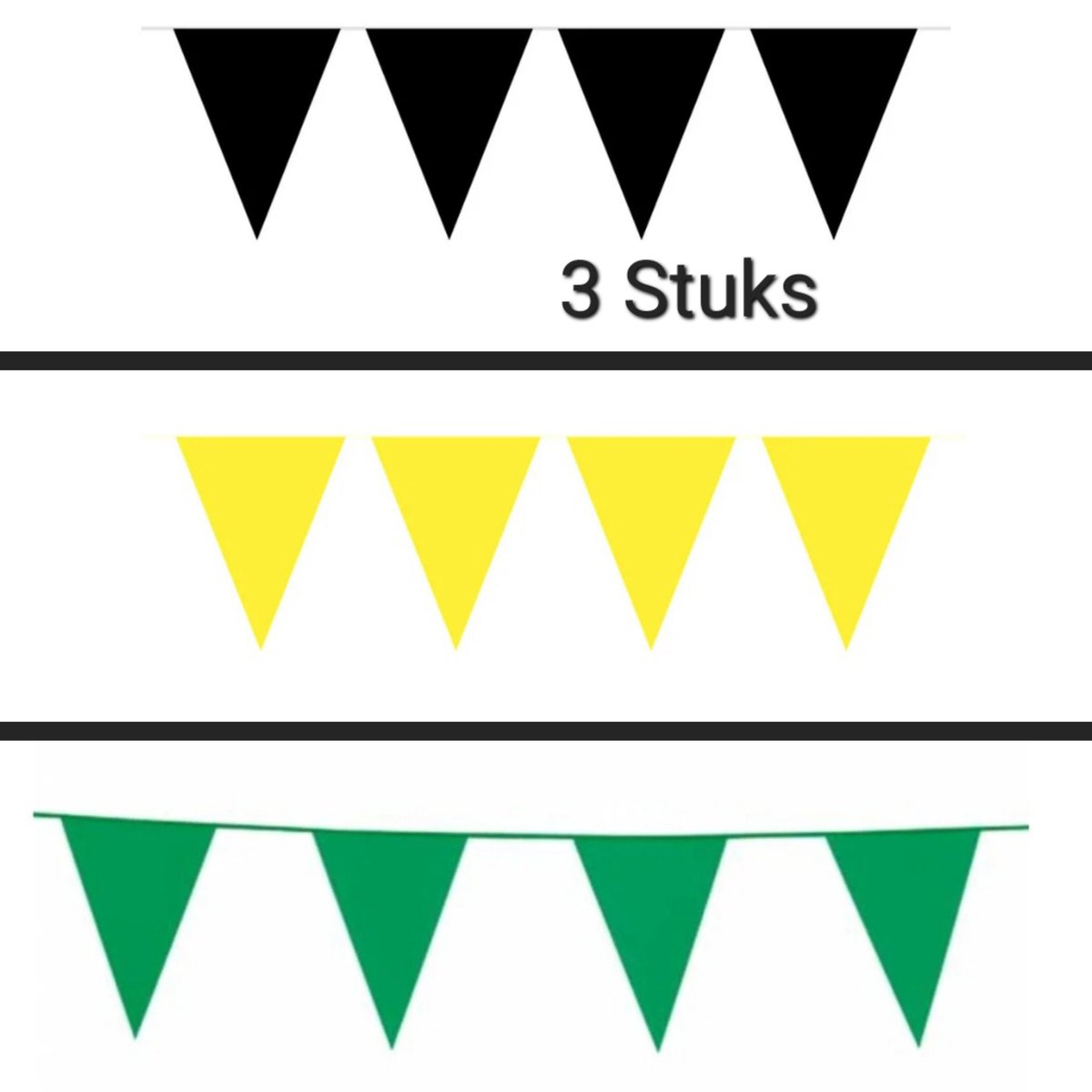 3 maal Vlaggenlijn Zwart / Geel / Groen, 30 meter totaal, Verjaardag, Themafeest