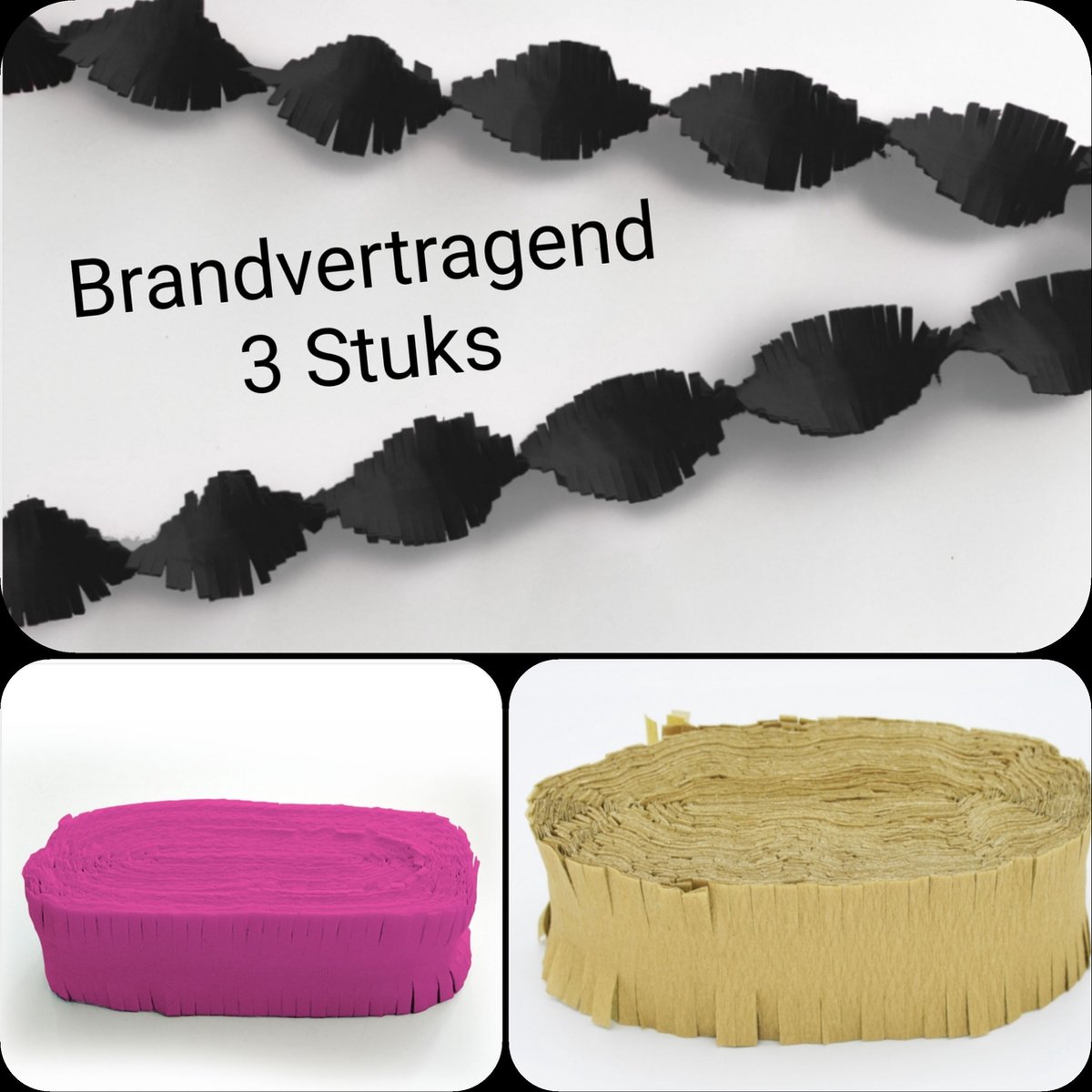 3 stuks BRANDVERTRAGENDE Draaiguirlande Zwart/ Roze/ Goud, 72 meter,  Carnaval, Verjaardag, Themafeest