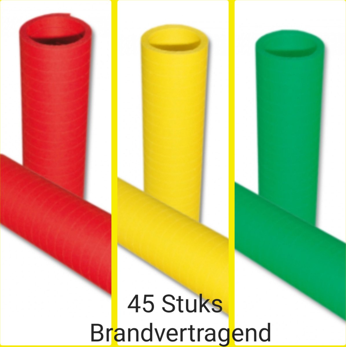 45 Rolletjes Serpentine BRANDVERTRAGEND/ BRANDVEILIG Rood/ Geel/ Groen, 10 rolletjes, Carnaval, Verjaardag, Horeca