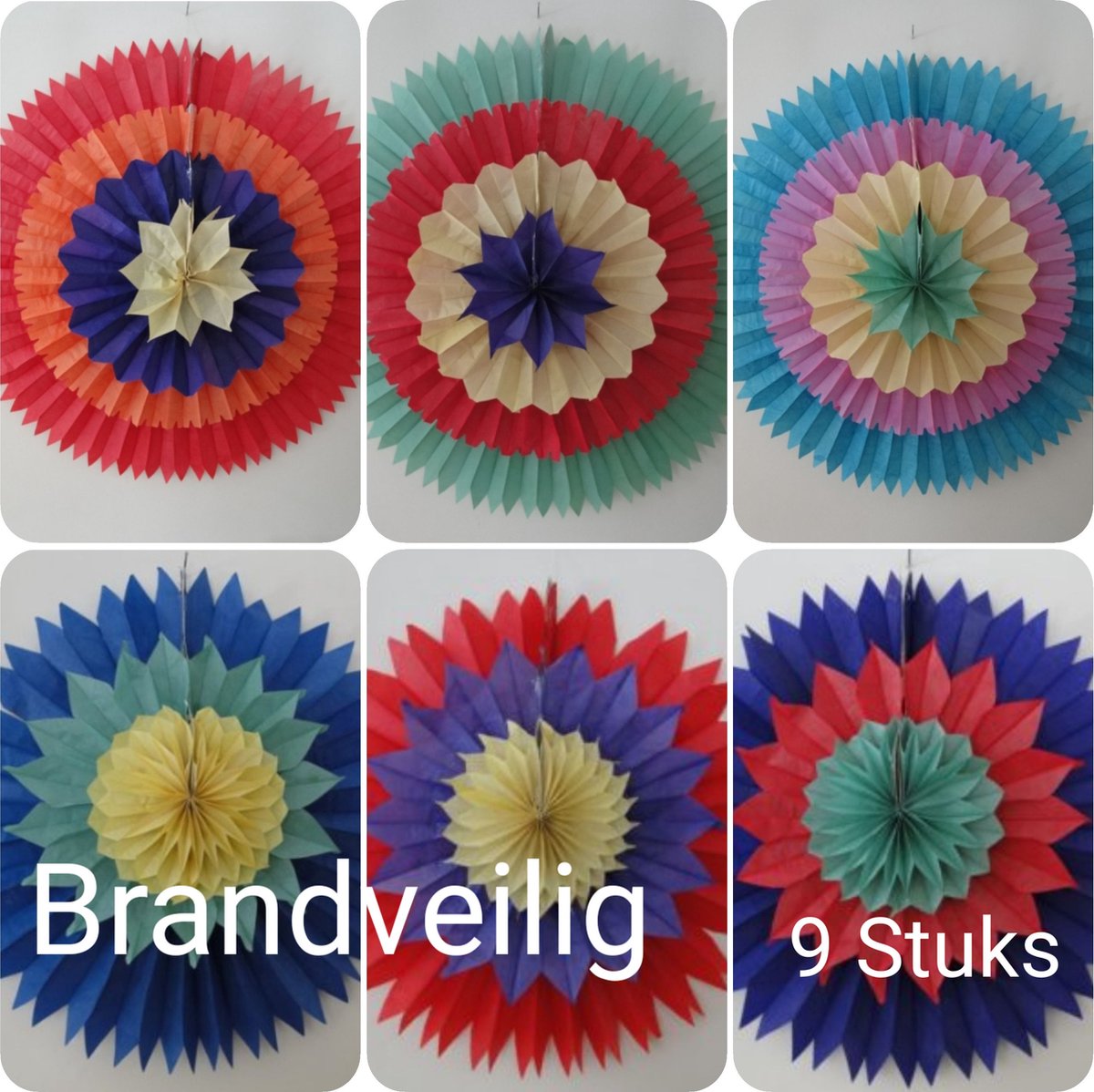 9 stuks BRANDVEILIGE Decoratie Waaiers, Div Kleuren, Verjaardag, Themafeest, Carnaval.