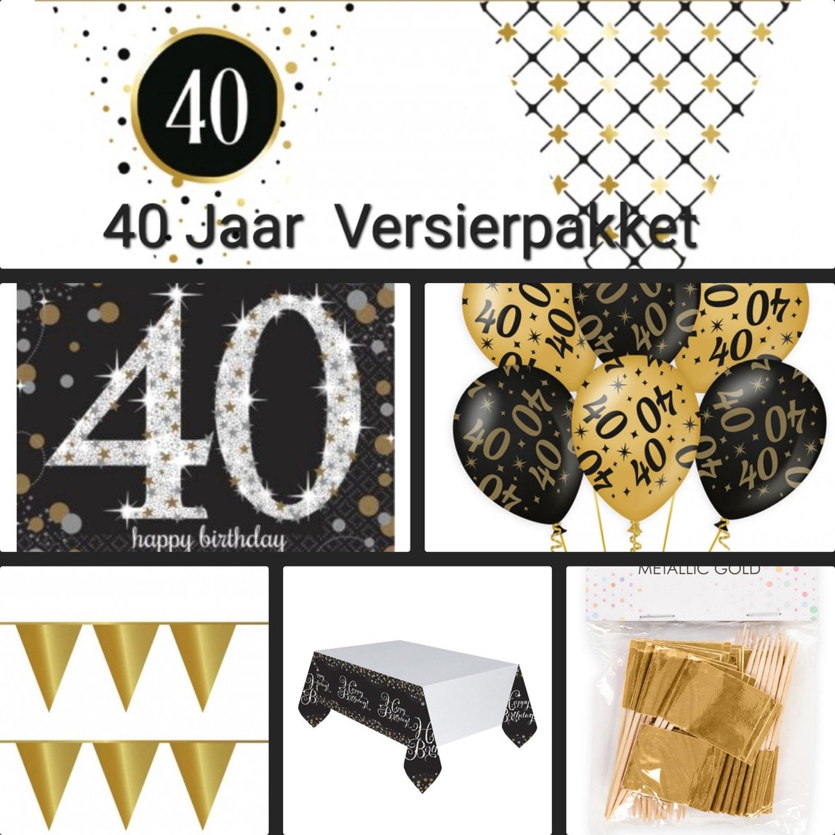 Feestpakket 40 Jaar, Versiering, Verjaardag, goud/ zwart.