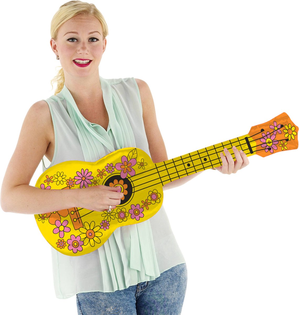 Opblaasbare Gitaar, 80 cm, Hawaii, Flower power, Disco, Hippie, Zomer. Feestartikel.