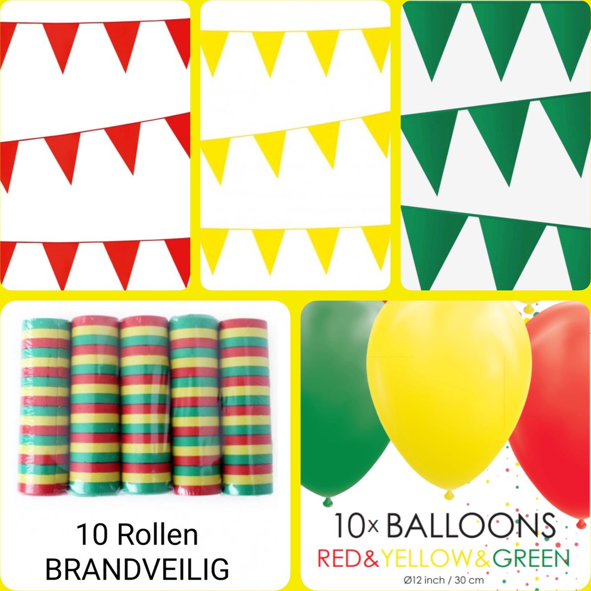 Versierpakket Rood/ Geel/ Groen, Carnaval, Serpentine, Vlaggenlijn, Ballonnen, Brandveilig, Brandvertragend.