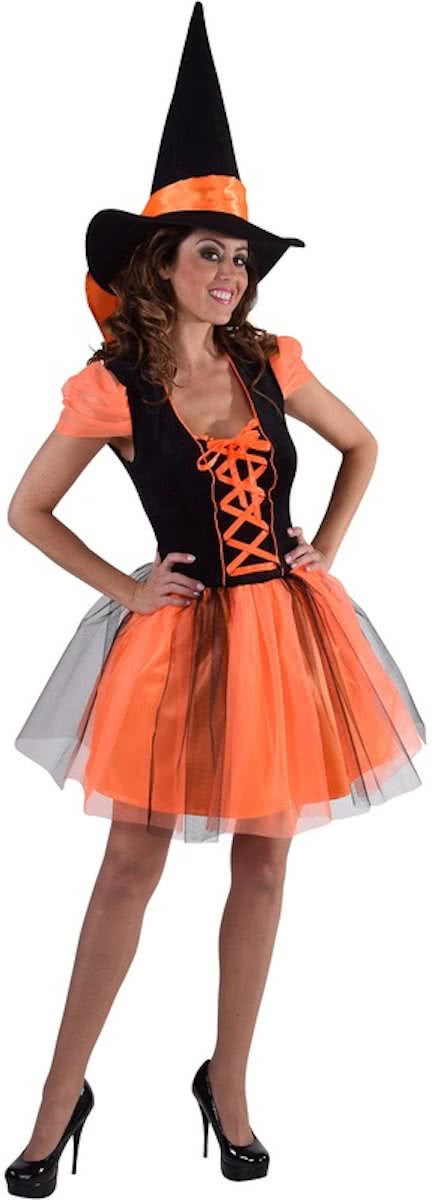 Heks halloween jurk oranje met zwart korset-Maat:S