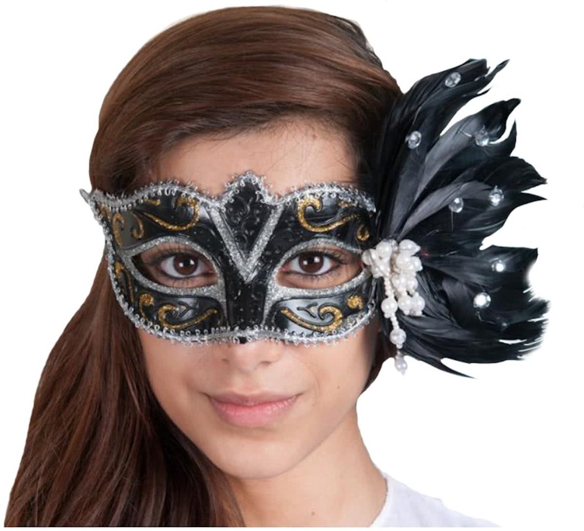 Masker Venice Deluxe met parels en pluimen-Kleur:Paars