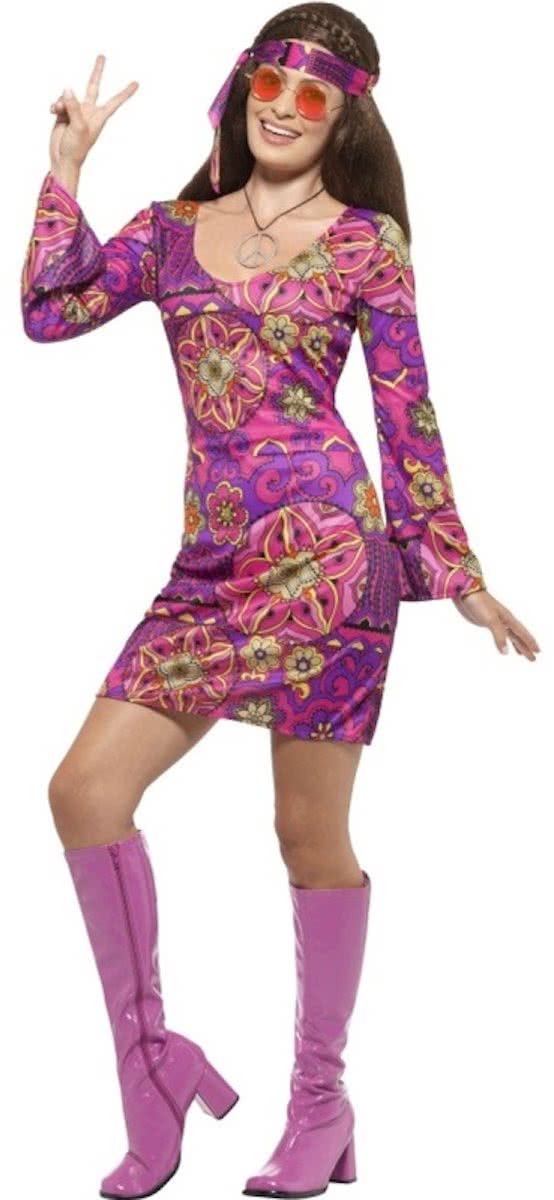 Woodstock Hippie Chick Costume Multi-Coloured with Dress Headscarf & Medallion