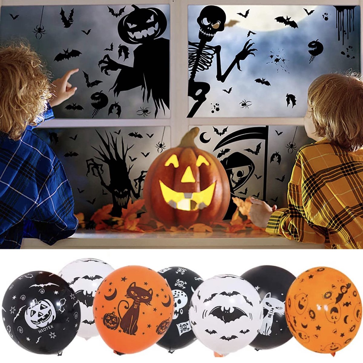 Feesty - Halloween decoratie - Halloween ballonnen x 100 stuks - XXL Formaat Raamstickers x 4 Vellen