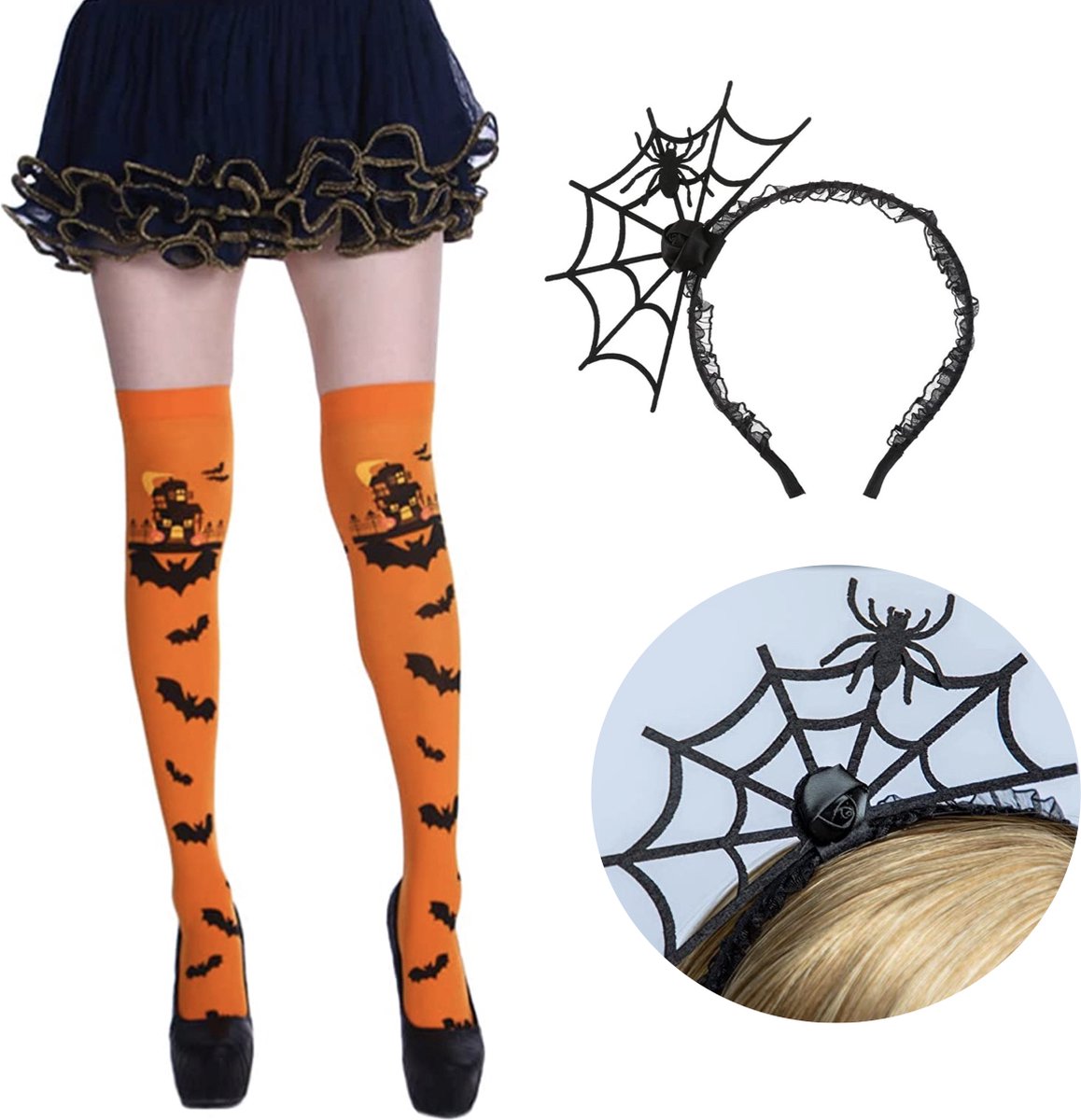 Feesty - Halloween kostuum dames - Spin haarband en Halloween kousen