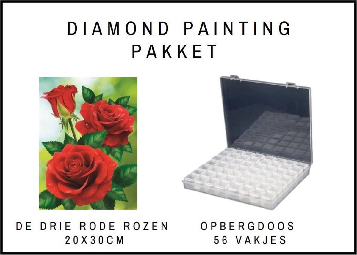 Diamond Painting pakket - Starters pakket - Gift - Cadeau - Hobby - Stil leven - Opbergdoos - Sorteerdoos - Diamond Painting sorteerdoos - Opbergbox - Assortimentsdoos - De drie rode rozen