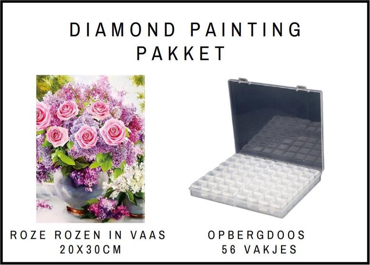 Diamond Painting pakket - Starters pakket - Gift - Cadeau - Hobby - Stil leven - Opbergdoos - Sorteerdoos - Diamond Painting sorteerdoos - Opbergbox - Assortimentsdoos - Roze Rozen in Vaas