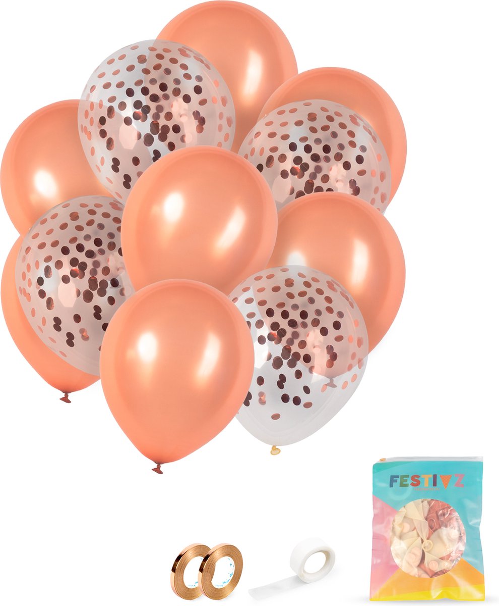 Festivz 20 stuks Rose Goud Ballonnen met Lint – Decoratie – Feestversiering - Papieren Confetti – Rose Gold - Rose Gold Latex - Verjaardag - Bruiloft - Feest