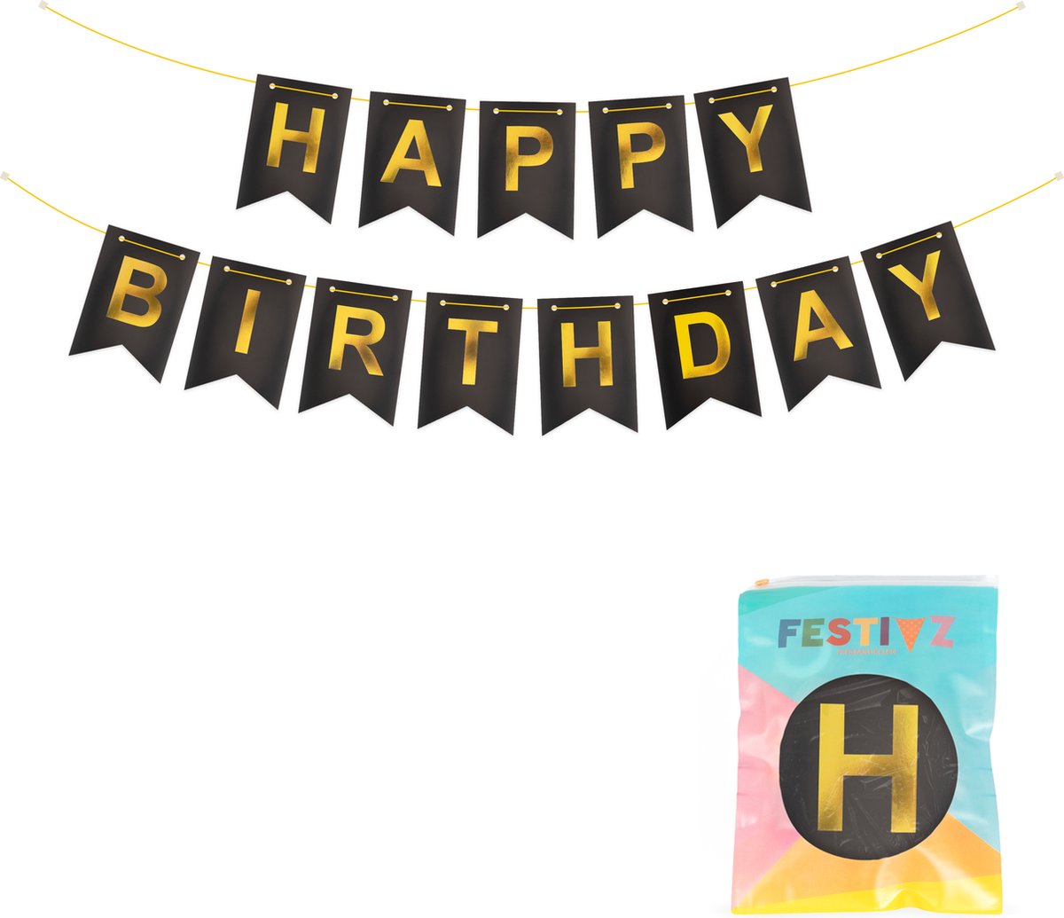   Zwarte & Gouden Happy Birthday Banner - 16x20cm - Black and Gold - Verjaardag - Birthday - Feest