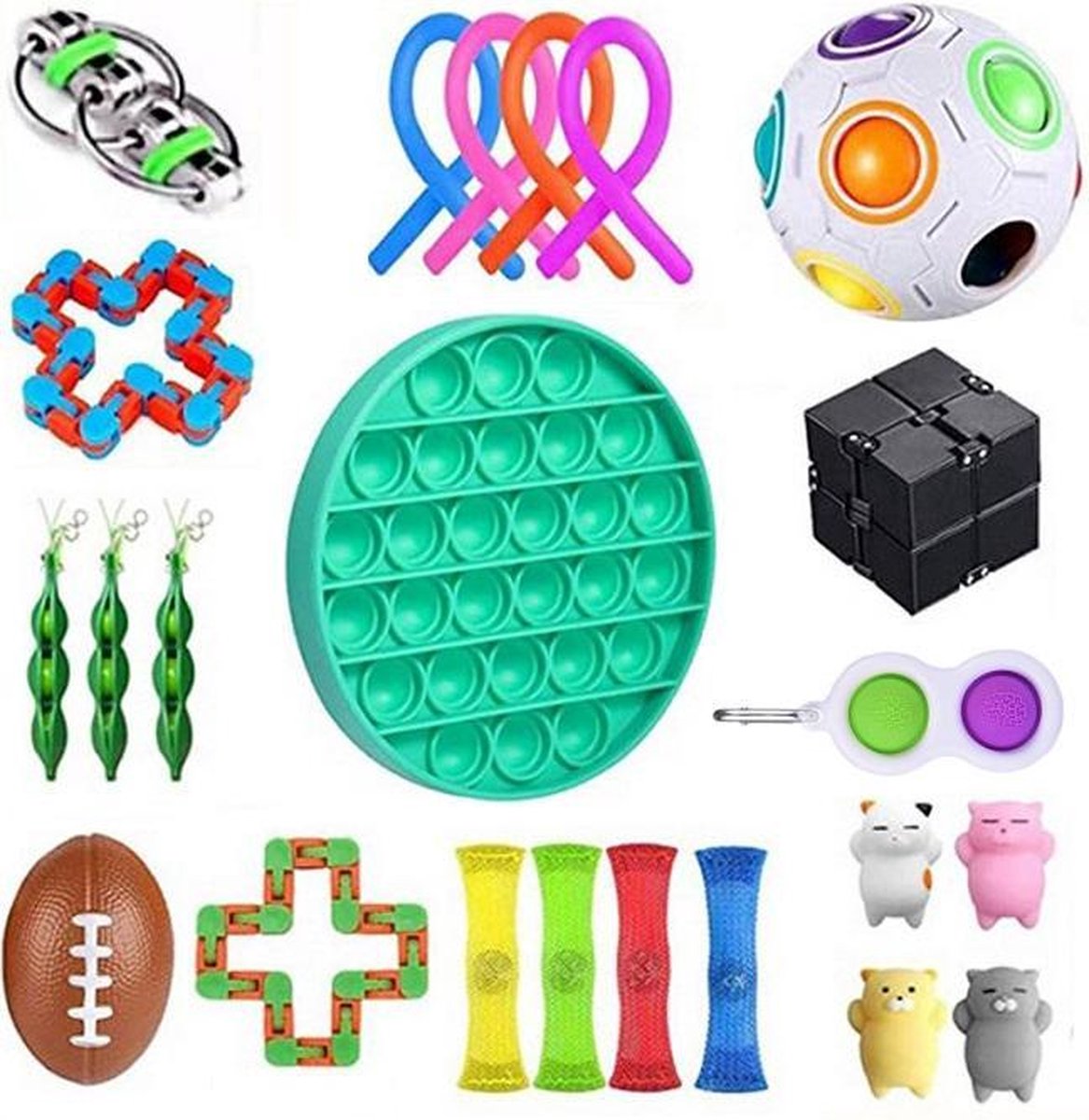 Fidget Toys Pakket - 23-delige Set - Pop It - Magische Kubus - Rugby Stressbal - Simple Dimple - Monkey Noodles - Fidget Toys