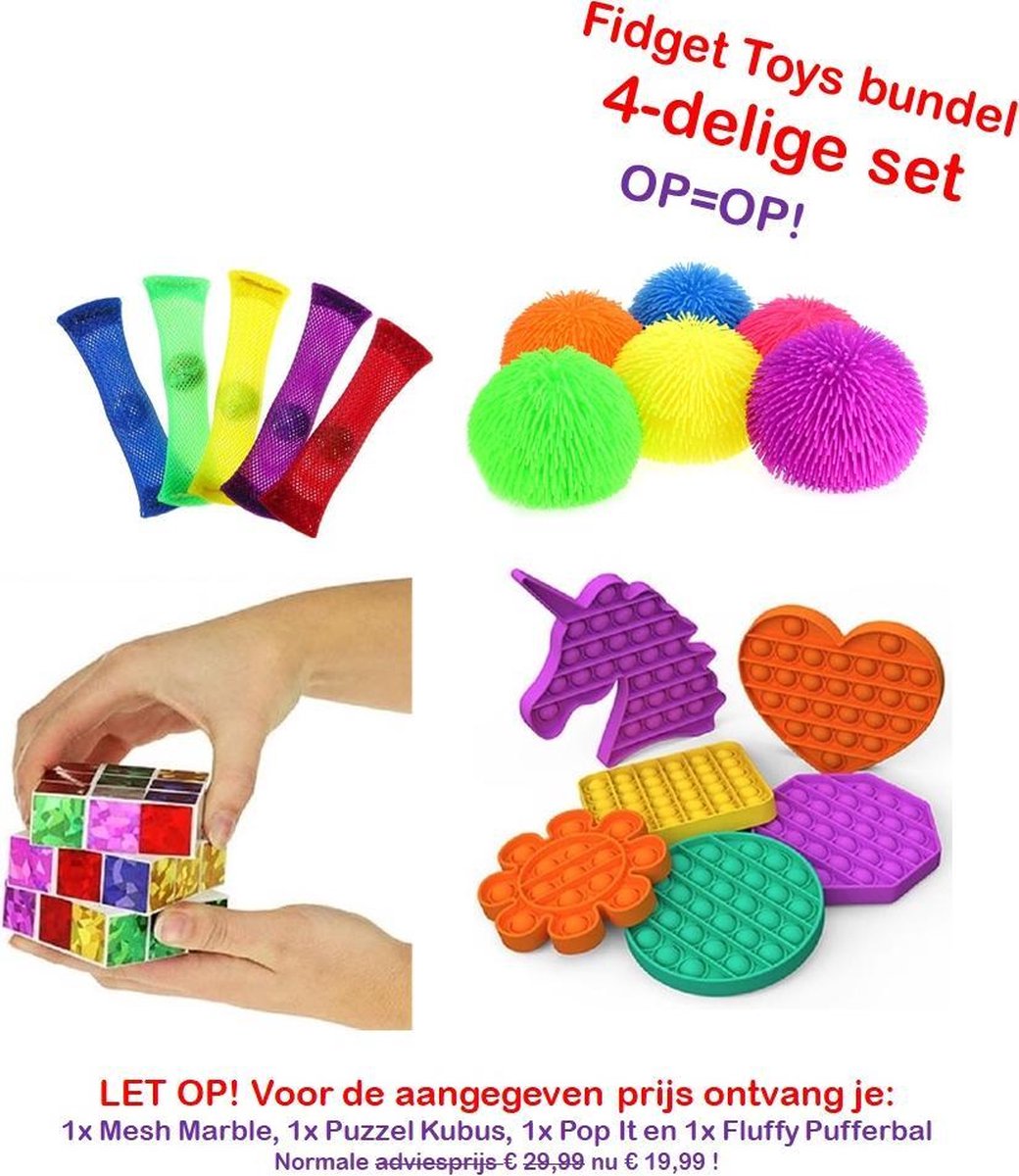 Fidget Toys pakket - 4 Delig - Mesh Marble - Pop It - Glitter Puzzel Kubus - Fluffy Pufferbal