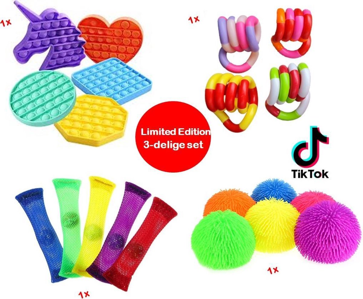 Fidget Toys pakket - 4 Delig - Pop It - Mesh Marble - Tangle - Fluffybal - Onder de 30 euro