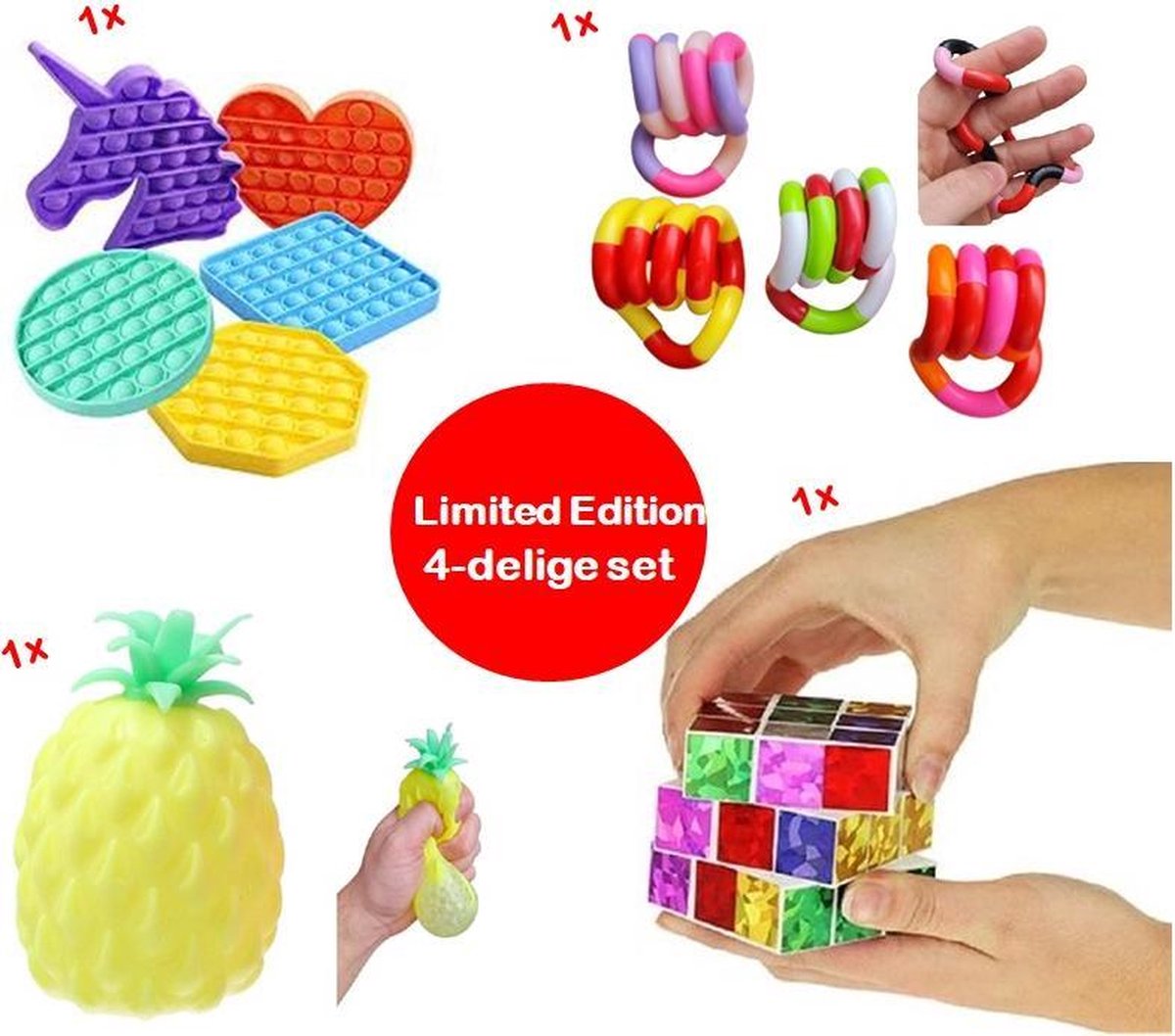 Fidget Toys pakket - 4 Delig- Ananas Orbeez - Pop It - Rubiks puzzel - Tangle - Onder de 30 euro