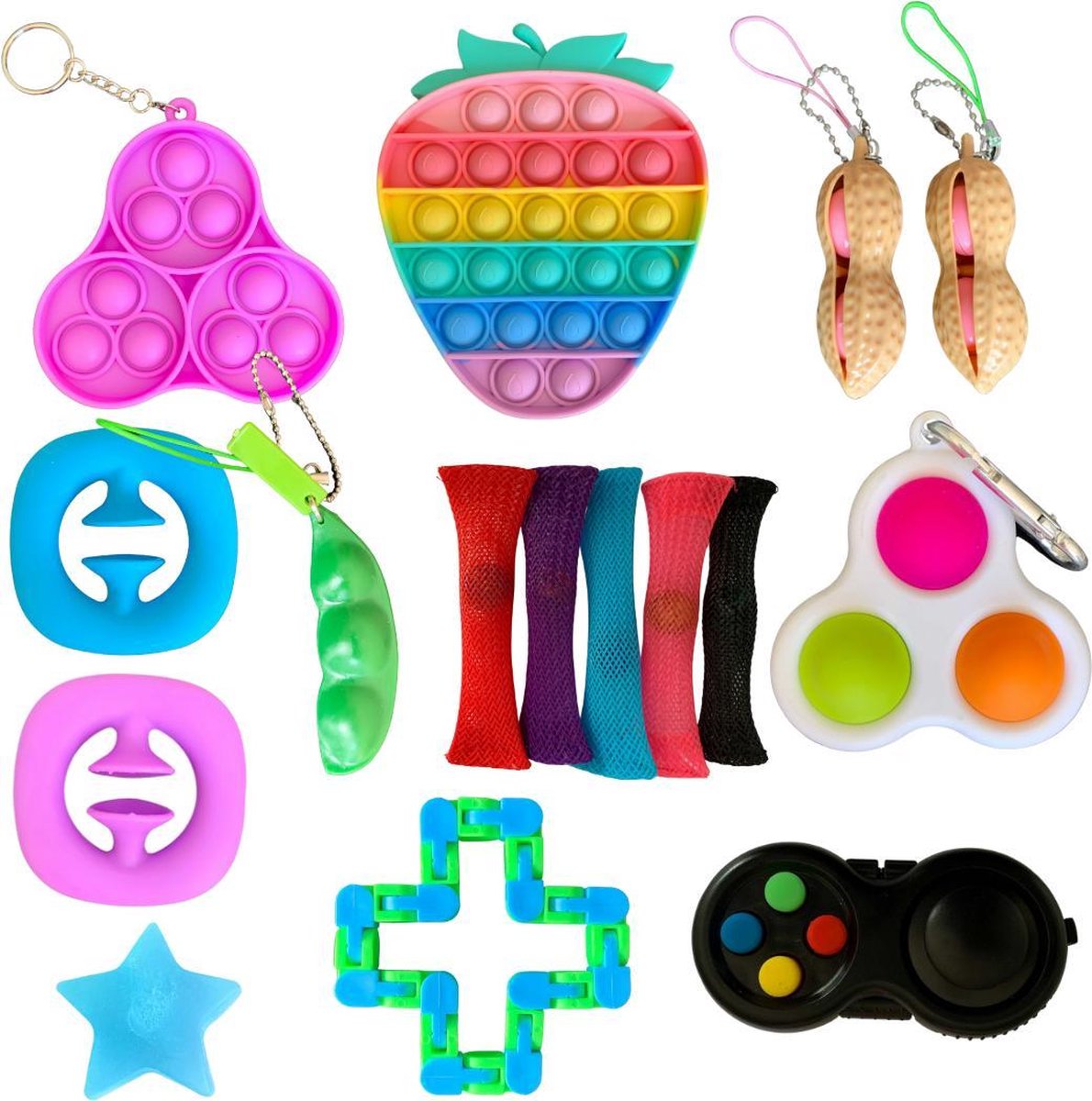 Fidgetbox - 16 stuks Fidget Toy - Pakket - Uitdeel kado - Traktatie Box – Vakantie – Popit – Fidget Pad – Bean Popper – Snapperz – Marble – Wacky Track