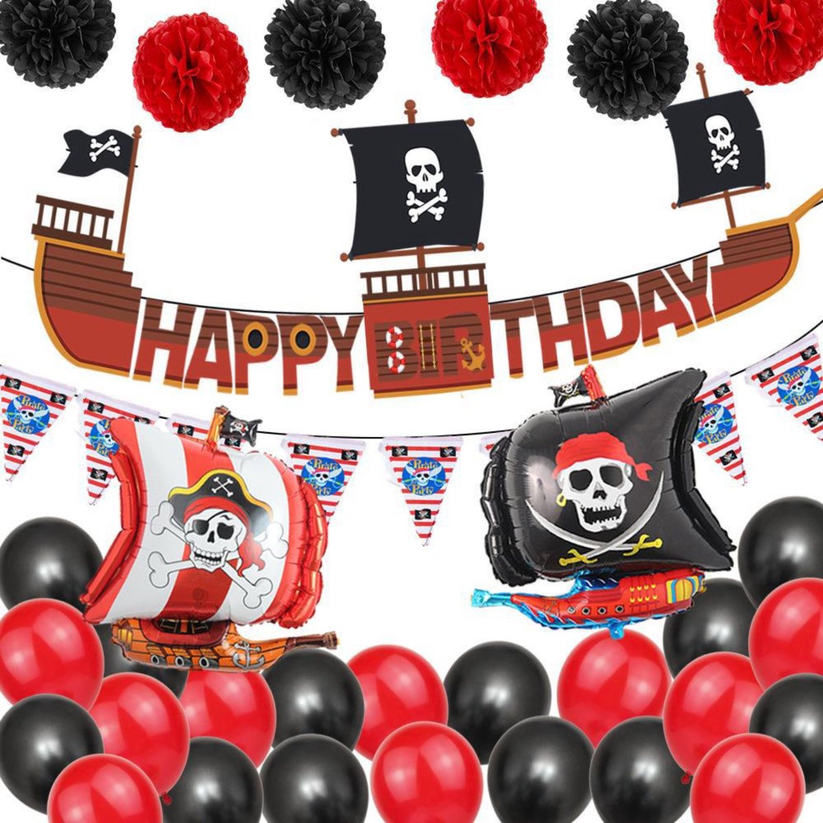 Piraten Feestartikelen - Happy Birthday Slinger - Piraten Versiering - XXL Piraten Ballon Set Groot- Piraten Decoratie - 32 items - Verjaardag Versiering - Ballonnen - Fienosa